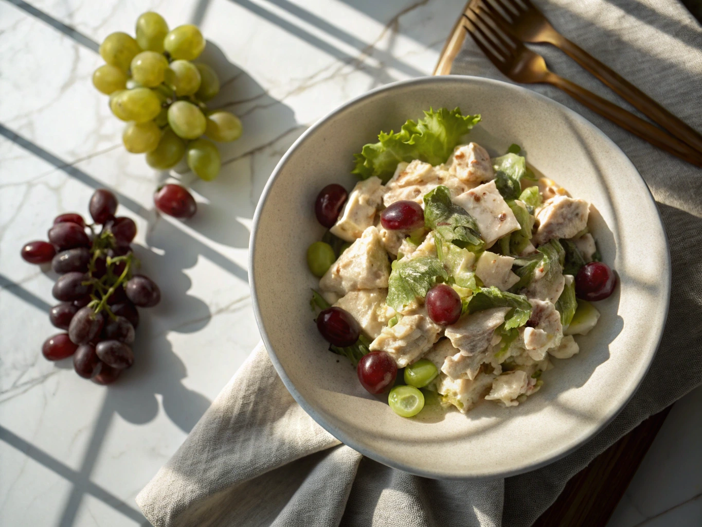 A refreshing bowl of chicken and grapes salad, made with tender chicken, juicy red and green grapes, crisp lettuce, and a creamy dressing, placed on a marble surface with soft natural light.