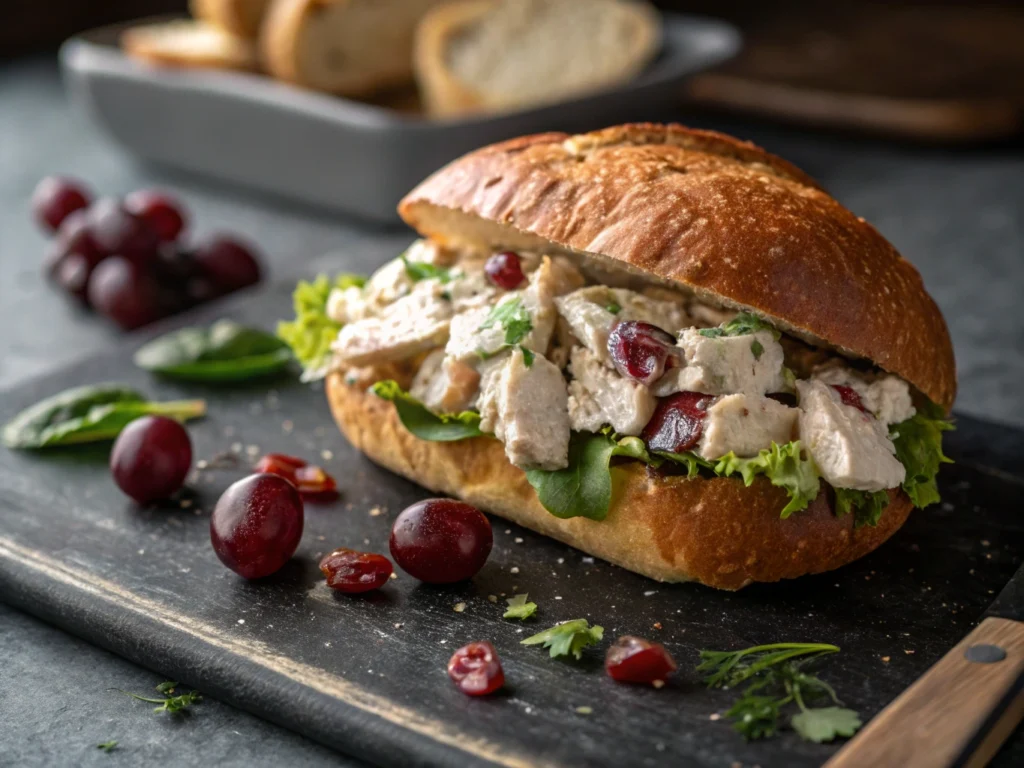 A hearty chicken and grapes salad sandwich served on a crusty bread roll with fresh lettuce, tender chicken, and juicy red grapes, garnished with herbs. The sandwich is placed on a rustic black cutting board with scattered grapes and fresh greens around it.