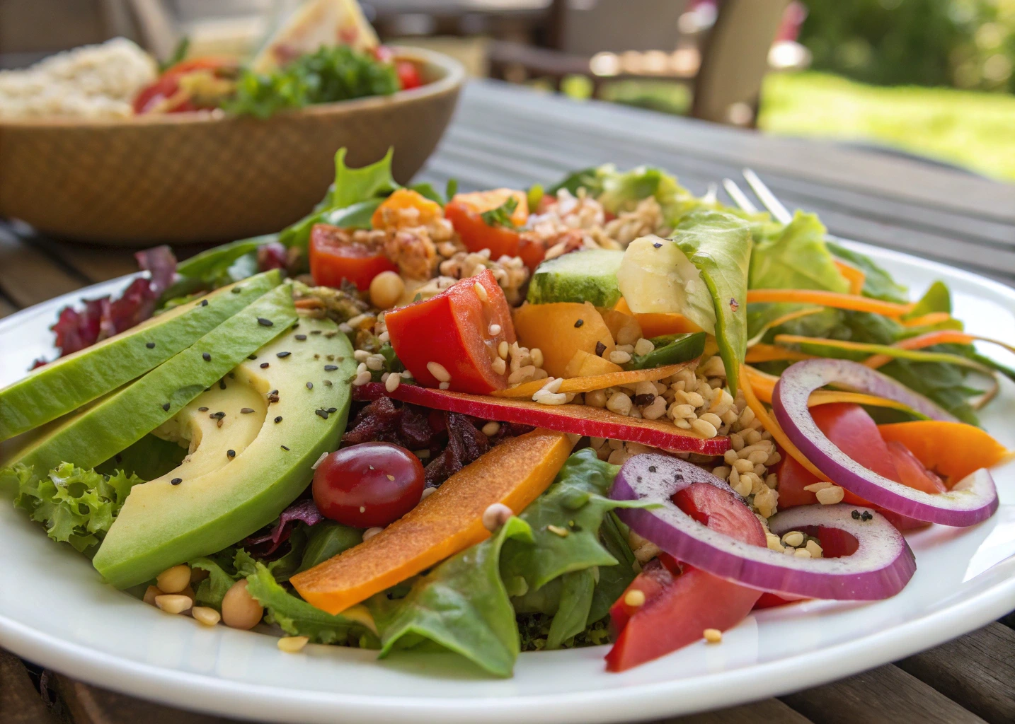 Close-up of a fresh and colorful mixed salad with avocado slices, cherry tomatoes, red onion, and leafy greens on a white plate, garnished with seeds and grains