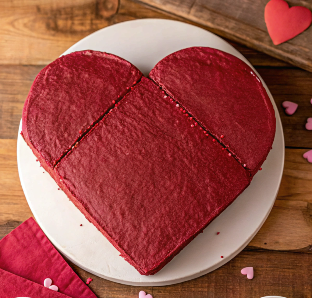 Heart-shaped cake made from a square and two round cakes, placed on a white plate with colorful sprinkles on a wooden surface.