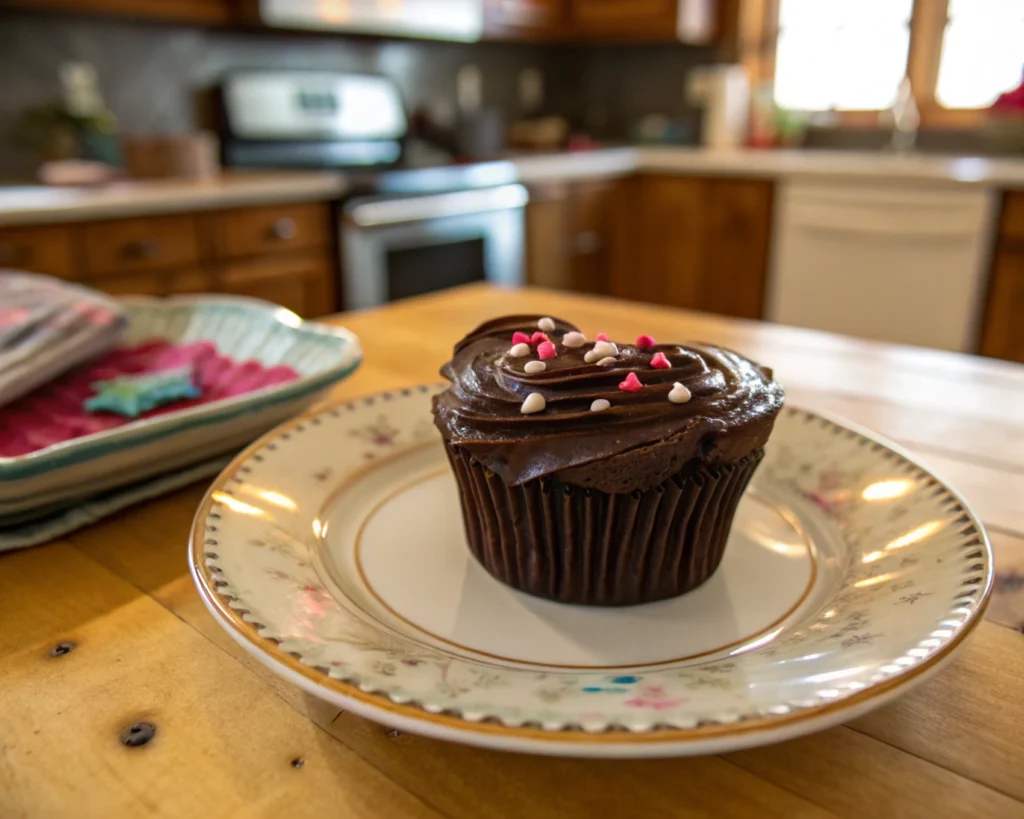  A single heart-shaped chocolate cupcake with chocolate frosting, pink sprinkles, and a cherry on top.