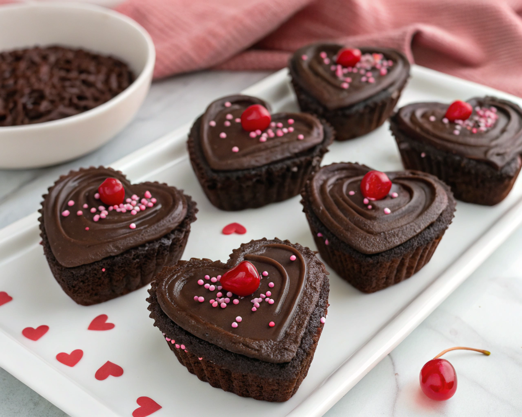 Heart-shaped chocolate cupcakes topped with smooth chocolate frosting, pink sprinkles, and a cherry on each, arranged on a white platter.