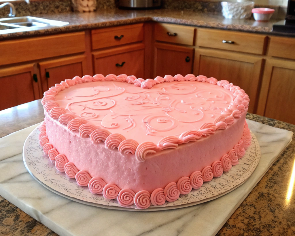 Heart-shaped cake with pink frosting and decorative swirls on a marble countertop in a cozy kitchen.