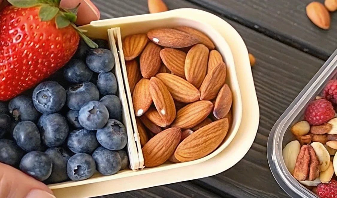 A healthy snack box filled with fresh blueberries, a ripe strawberry, and crunchy almonds, alongside a container of mixed nuts and dried raspberries on a dark wooden table.