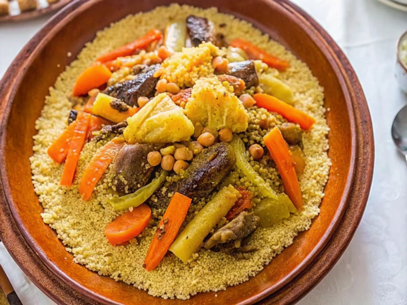 Traditional Moroccan couscous served in a clay dish with tender meat, chickpeas, and colorful vegetables like carrots and zucchini.