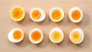 Overhead shot of eight boiled egg halves arranged in two rows, each showcasing a different level of yolk doneness.

