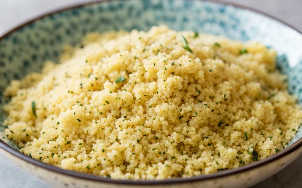 Fluffy, perfectly cooked couscous garnished with fresh herbs in a ceramic bowl.