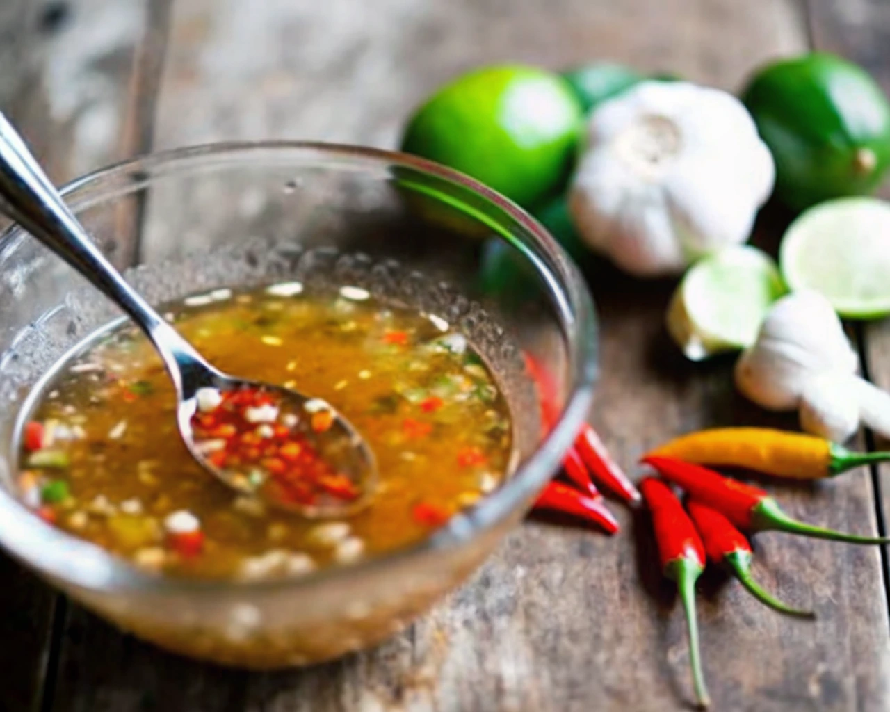 A bowl of homemade fish sauce recipe with chopped chili and garlic on a rustic wooden table, surrounded by fresh ingredients like lime and chili peppers.