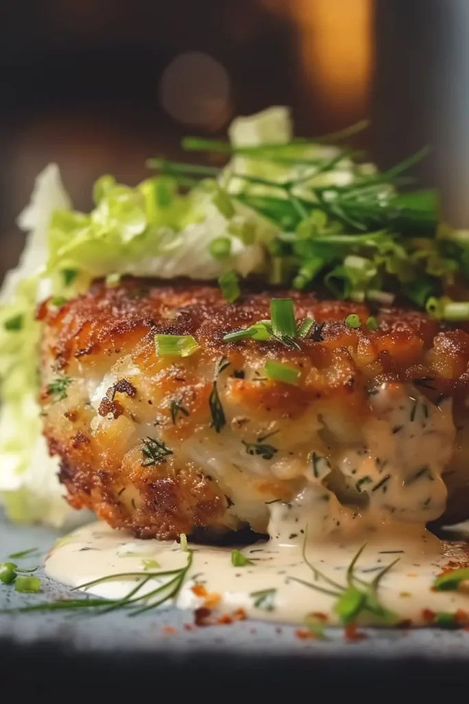 Unforgettable Maryland Style Crab Cakes – A Must-Try Family Favorite 4 Close-up of a crispy Maryland style crab cake topped with fresh herbs and creamy sauce.