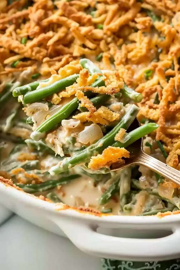 Easy Green Bean Casserole Recipe with creamy sauce, tender green beans, and crispy fried onions on top