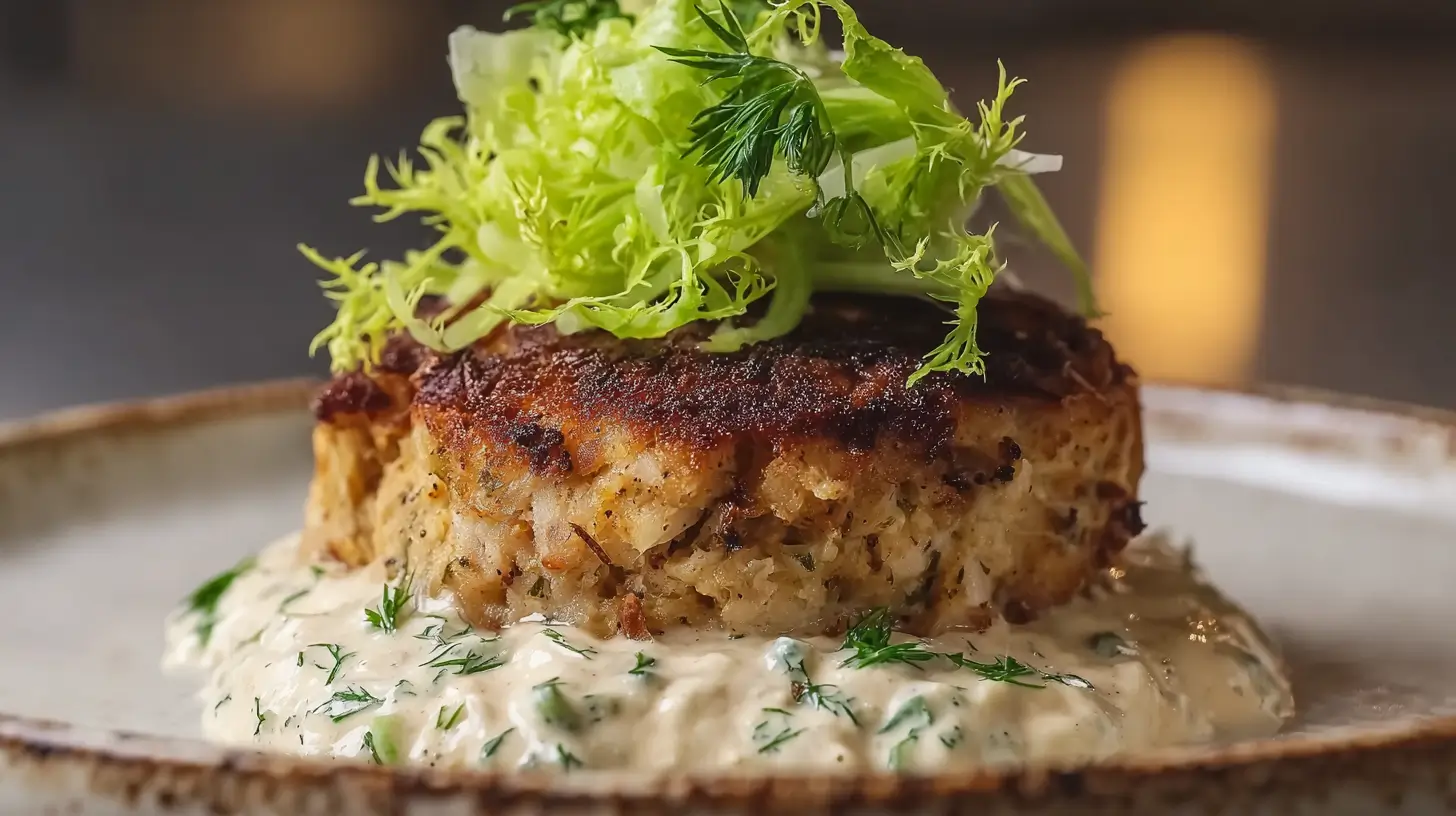 Unforgettable Maryland Style Crab Cakes – A Must-Try Family Favorite 1 Close-up of a golden Maryland style crab cake served over creamy dill sauce and topped with fresh frisée greens.