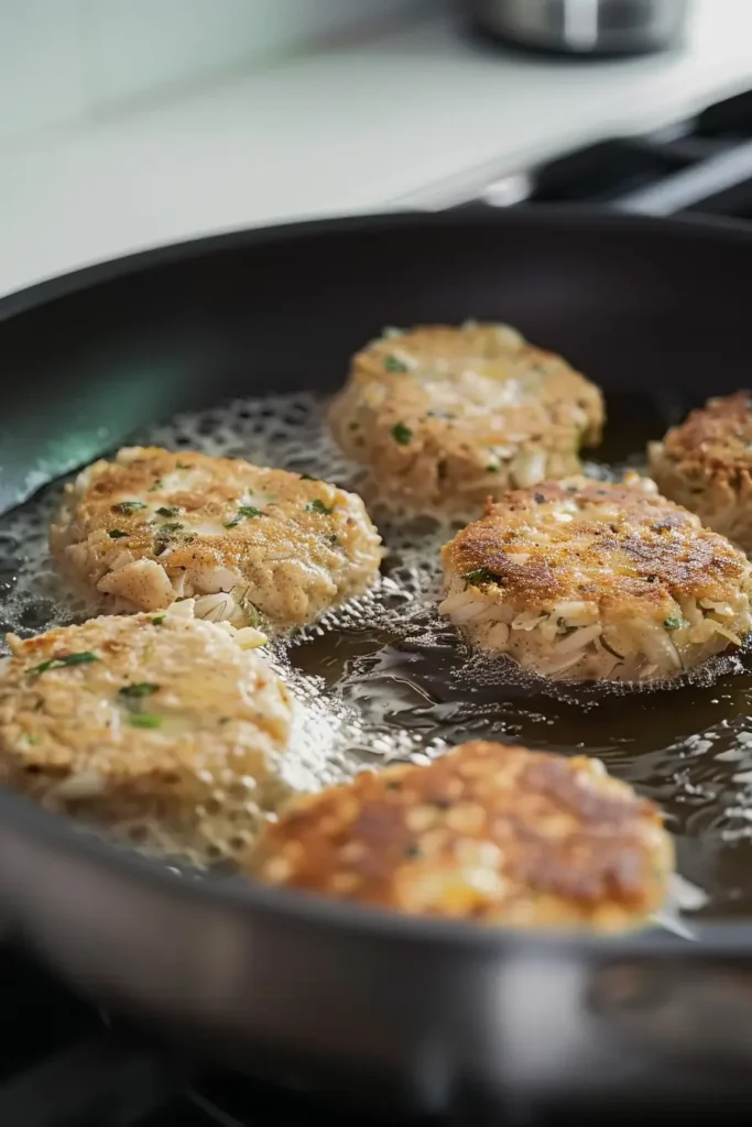 Unforgettable Maryland Style Crab Cakes – A Must-Try Family Favorite 3 Maryland style crab cakes frying in a skillet until golden and crispy.