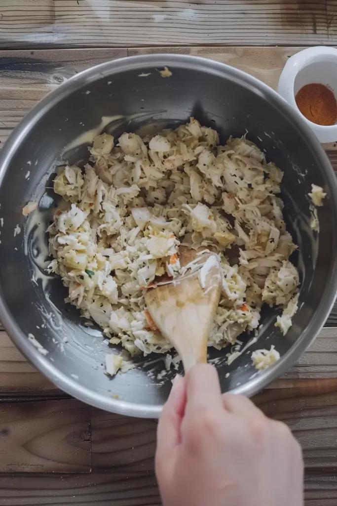 Unforgettable Maryland Style Crab Cakes – A Must-Try Family Favorite 2 Mixing Maryland style crab cake ingredients with jumbo lump crab in a stainless steel bowl.