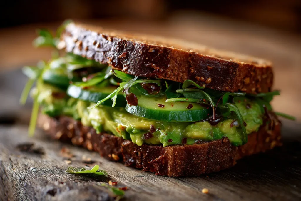 Ultra close-up of a spicy avocado cucumber sandwich on whole-grain bread with microgreens, sliced cucumber, and red chili flakes on a rustic wooden board.