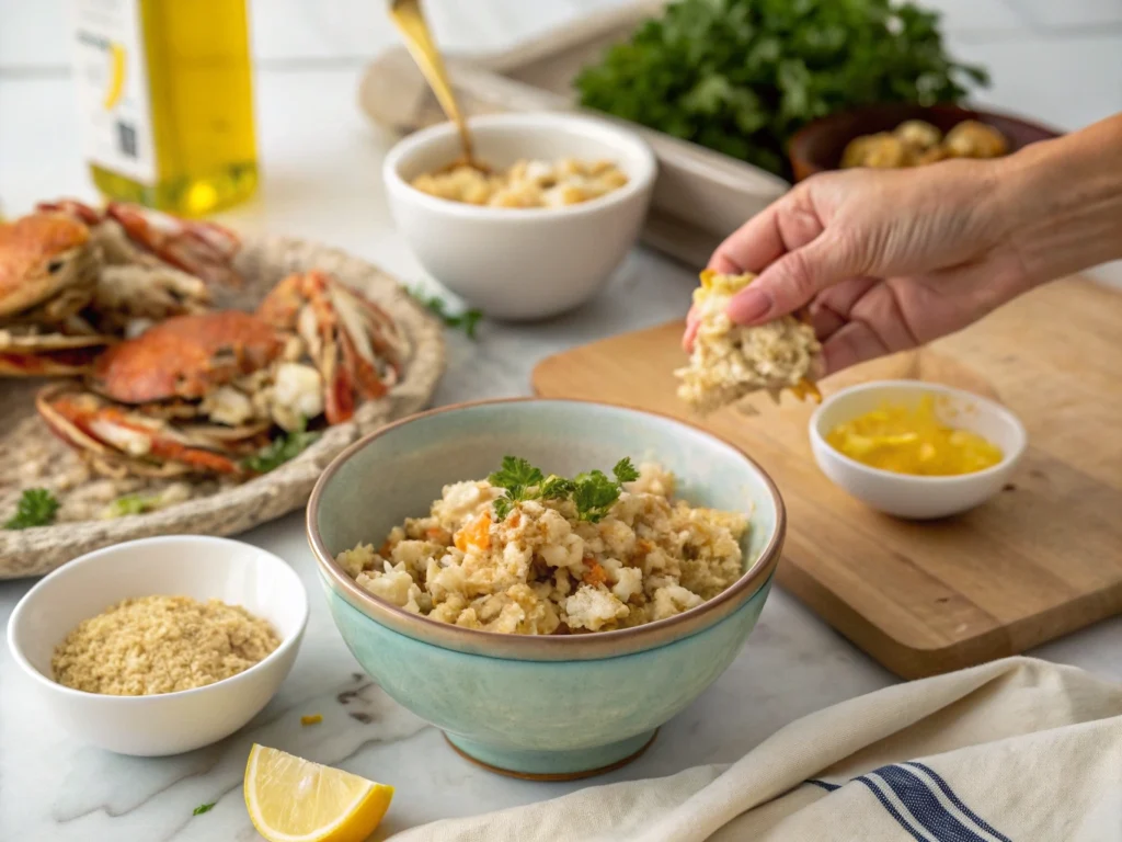 Freshly prepared lump crab meat in a bowl, ready for making Maryland-style crab cakes, with ingredients and seasoning in the background.