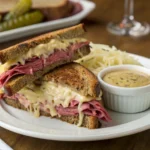 Perfectly plated Reuben sandwich, cut diagonally to reveal layers of corned beef, Swiss cheese, and sauerkraut, served with dressing and pickles