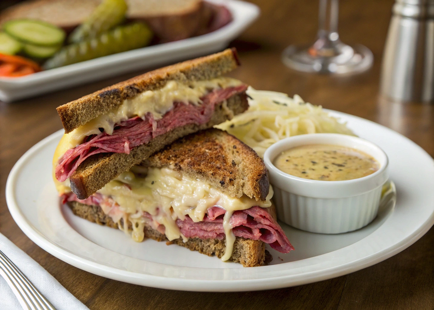 Perfectly plated Reuben sandwich, cut diagonally to reveal layers of corned beef, Swiss cheese, and sauerkraut, served with dressing and pickles