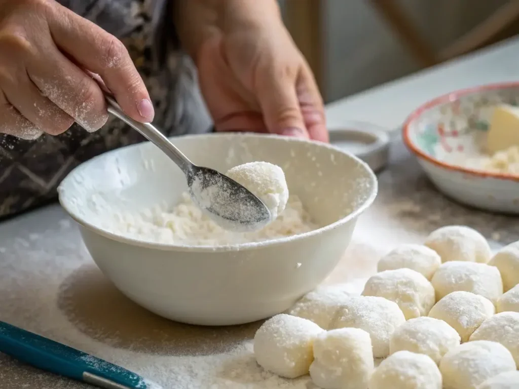 Hands rolling freshly made mochi balls in a bowl of glutinous rice flour. for easy mochi recipe