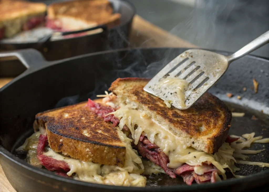 Close-up of a Reuben sandwich being grilled in a cast-iron skillet, with gooey melted cheese and crispy golden-brown bread