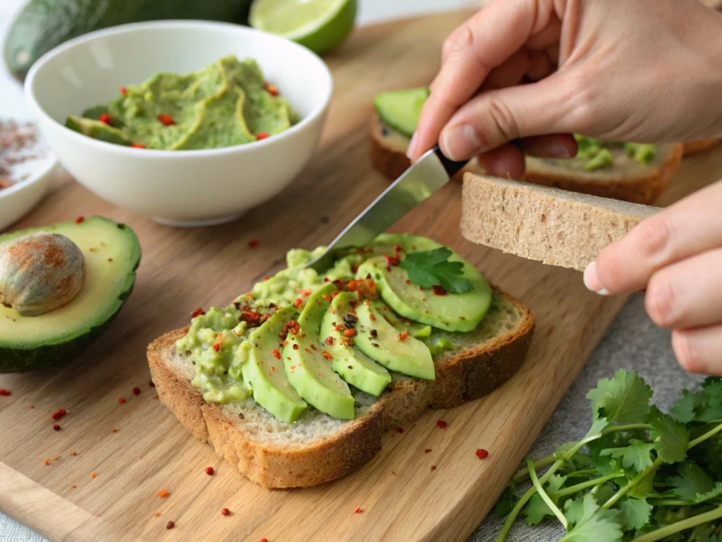 A flat lay of fresh ingredients for a Spicy Avocado Cucumber Sandwich, including avocado, cucumber, lime, chili flakes, fresh herbs, and whole-grain bread.