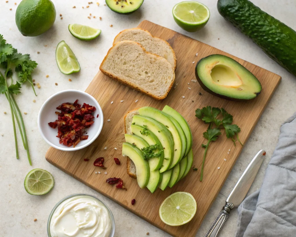 A close-up shot of hands preparing a Spicy Avocado Cucumber Sandwich with mashed avocado, sliced cucumbers, and red chili flakes on whole-grain toast.