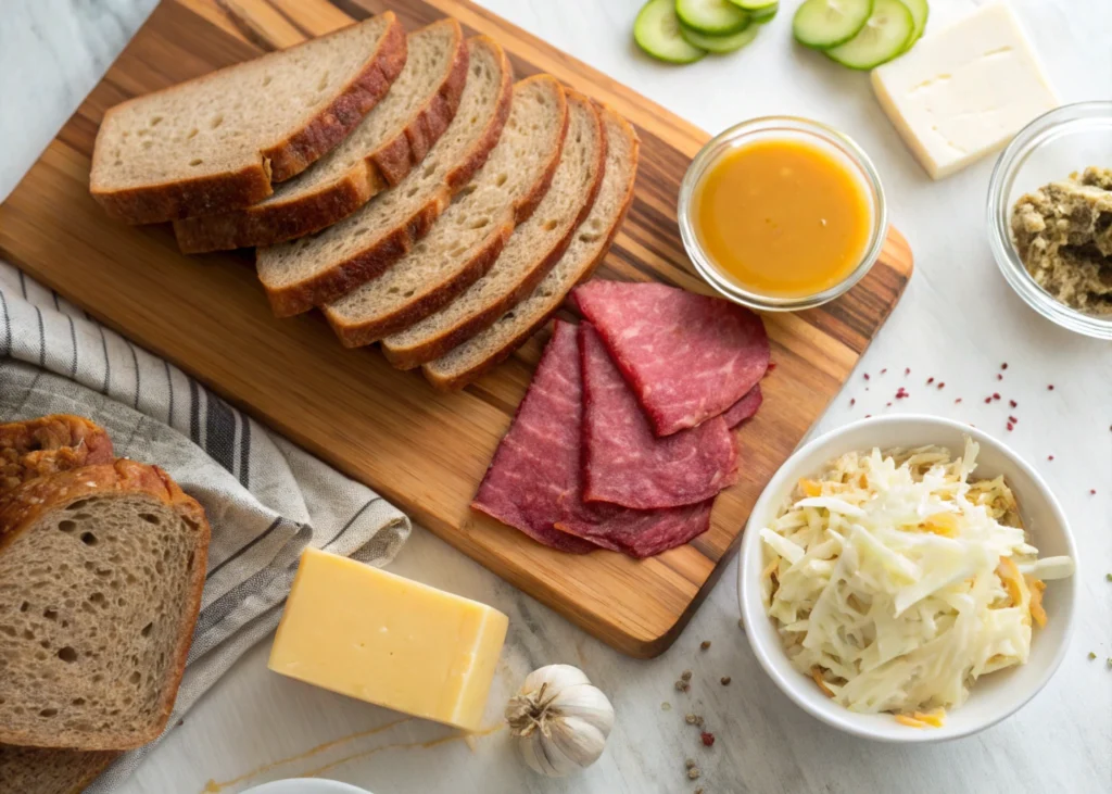 Top-down view of fresh ingredients for a Reuben sandwich, including rye bread, corned beef, Swiss cheese, sauerkraut, and dressing.