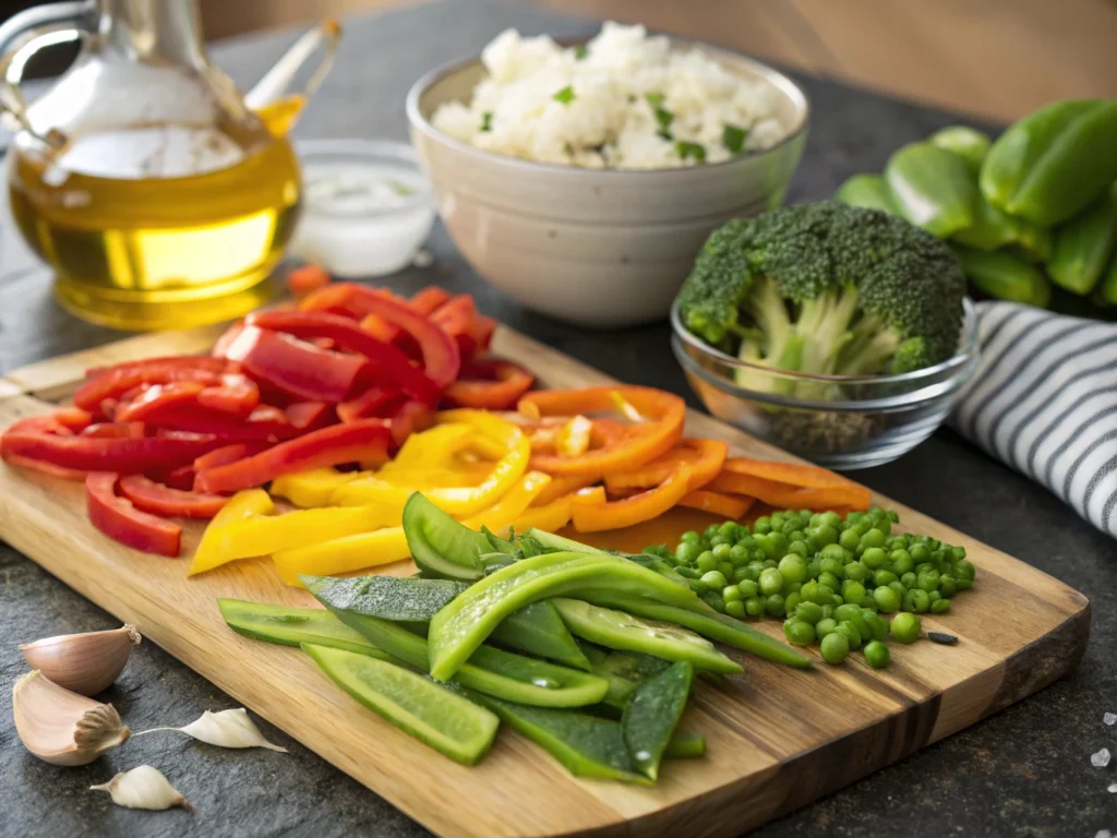 Freshly sliced red, yellow, and orange bell peppers, snap peas, green peas, and broccoli on a wooden cutting board, with garlic cloves, olive oil, and a bowl of rice in the background