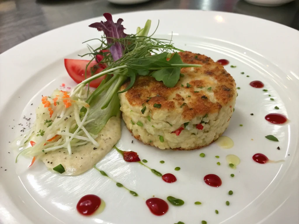 Delicious Maryland-style crab cake served with fresh greens, sauce, and vibrant garnishes on a white plate.