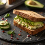 A perfectly assembled Spicy Avocado Cucumber Sandwich on whole grain bread, layered with creamy avocado, crisp cucumber slices, and red chili flakes, served on a rustic slate plate.