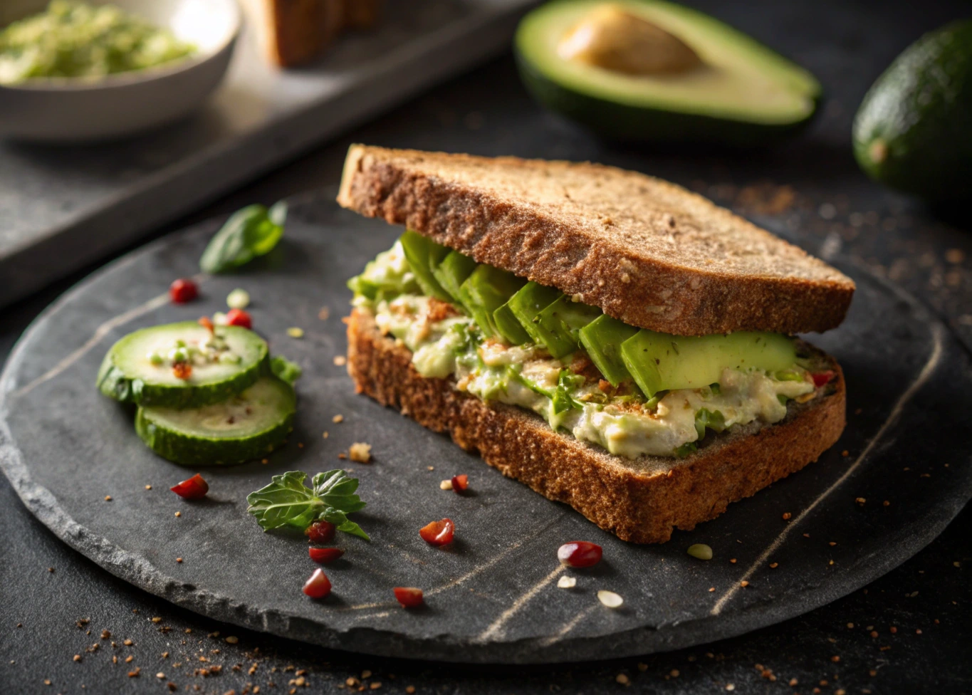 A perfectly assembled Spicy Avocado Cucumber Sandwich on whole grain bread, layered with creamy avocado, crisp cucumber slices, and red chili flakes, served on a rustic slate plate.