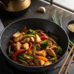 A delicious bowl of Chinese Chicken Stir Fry with fresh vegetables, served hot.