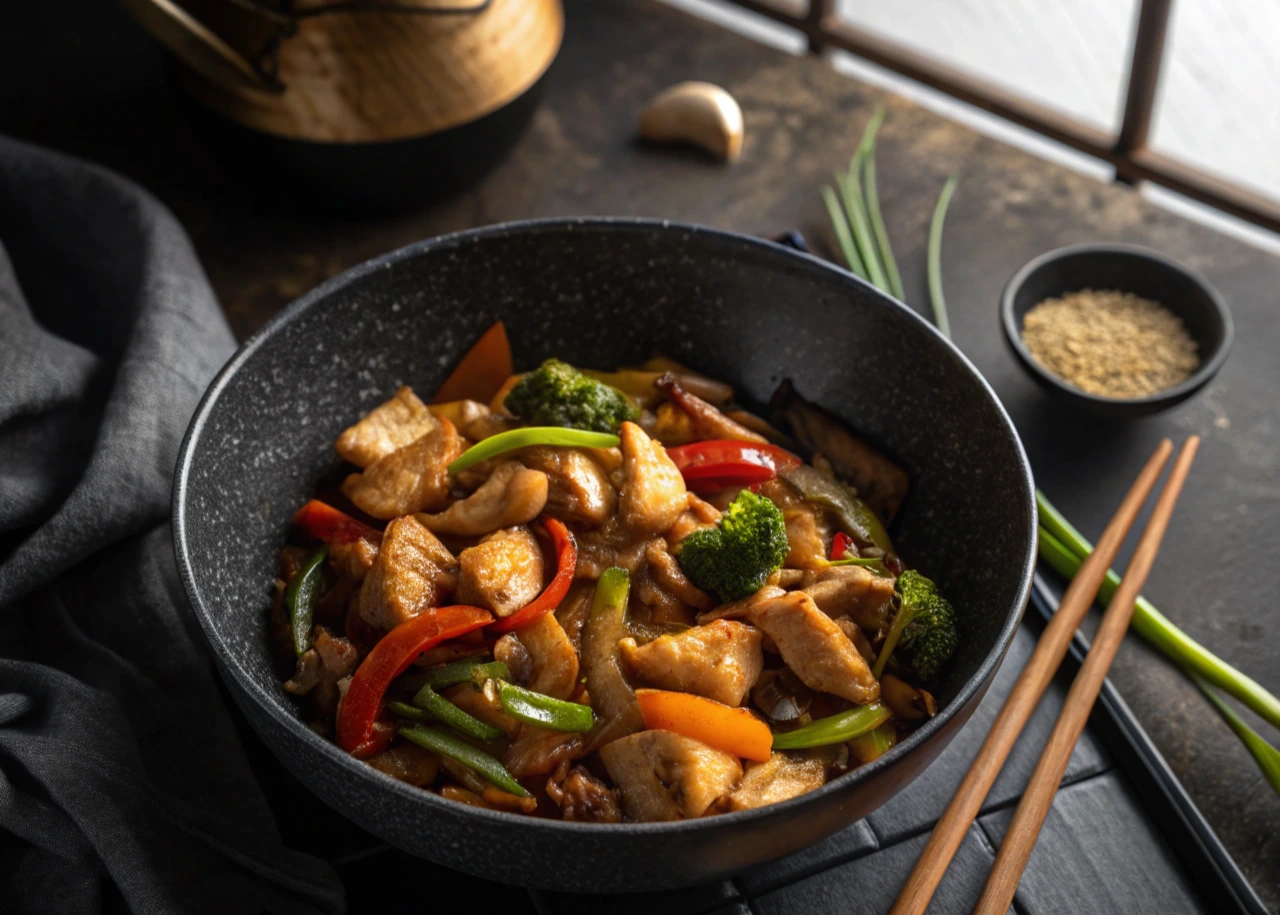 A delicious bowl of Chinese Chicken Stir Fry with fresh vegetables, served hot.