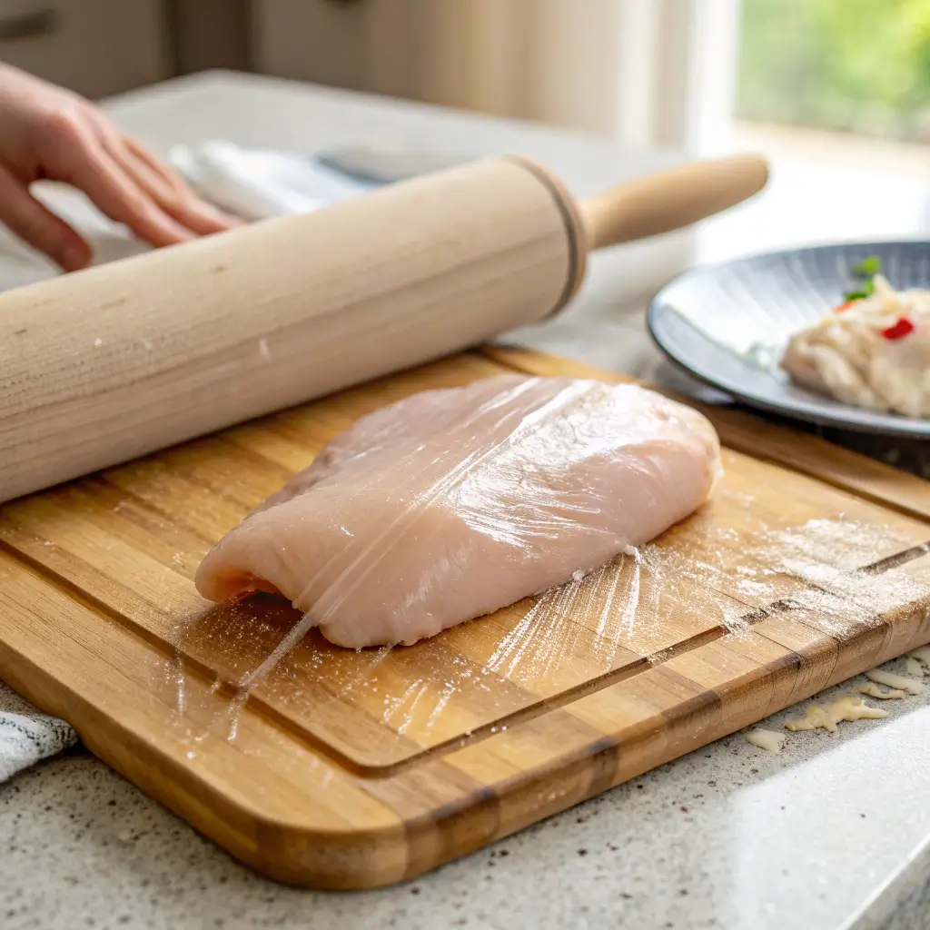 Chicken Katsu Sando – A Crispy, Soulful Bite Inspired by Japan 2 Tenderizing chicken breast for katsu sando under cling film with rolling pin.
