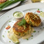 Golden, pan-fried Maryland-style crab cakes with creamy sauce, fresh herbs, and lime wedges on a white plate