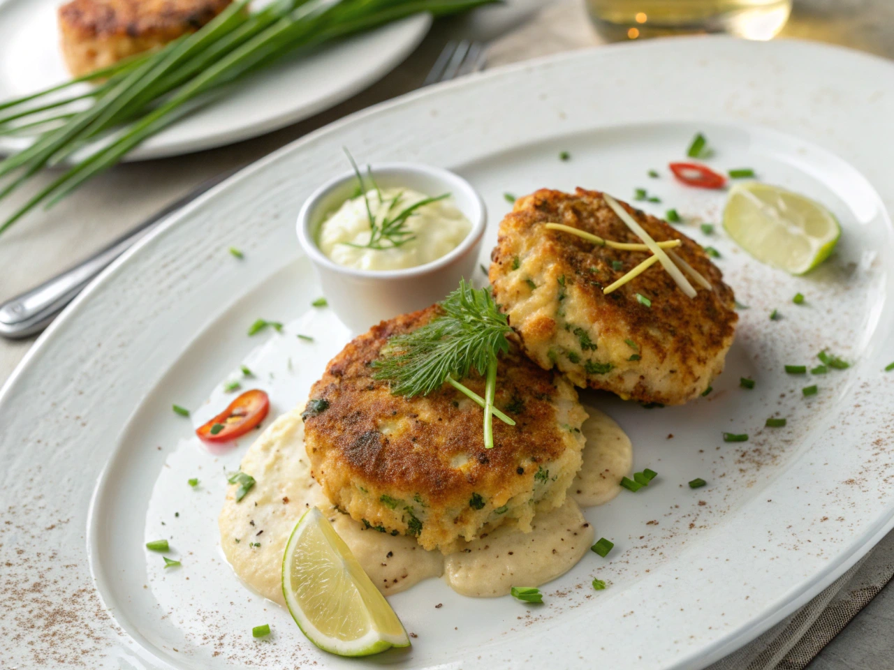 Golden, pan-fried Maryland-style crab cakes with creamy sauce, fresh herbs, and lime wedges on a white plate