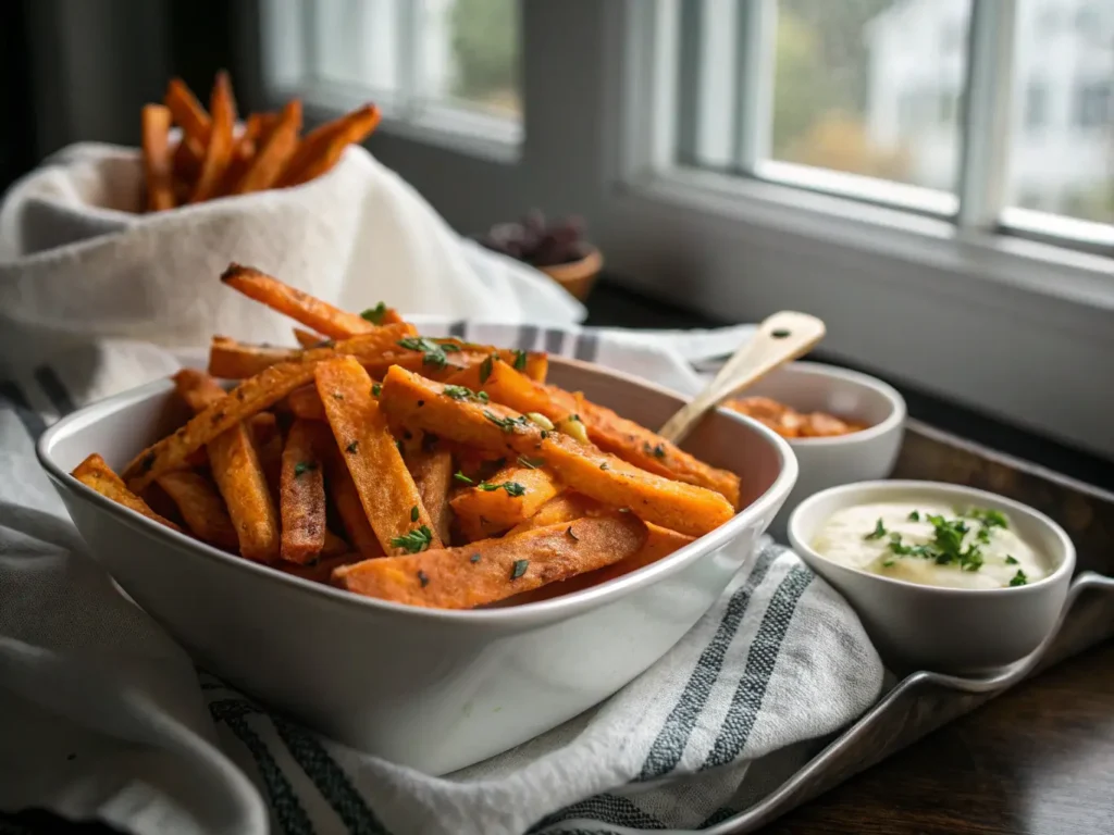 About me 6 Crispy sweet potato fries served in a white bowl, garnished with fresh herbs, accompanied by dipping sauces on a rustic wooden tray.
