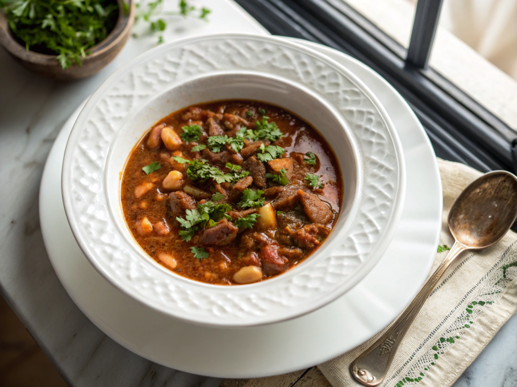 About me 5 Rich and hearty bean stew with tender meat, garnished with fresh cilantro, served in an elegant white bowl on a marble table.