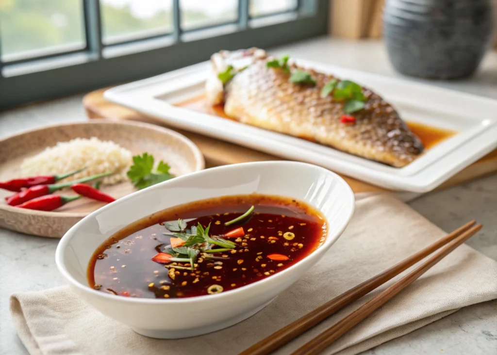 a bowl of rich, dark fish sauce recipe with fresh chili and herbs, served alongside a beautifully plated fish dish