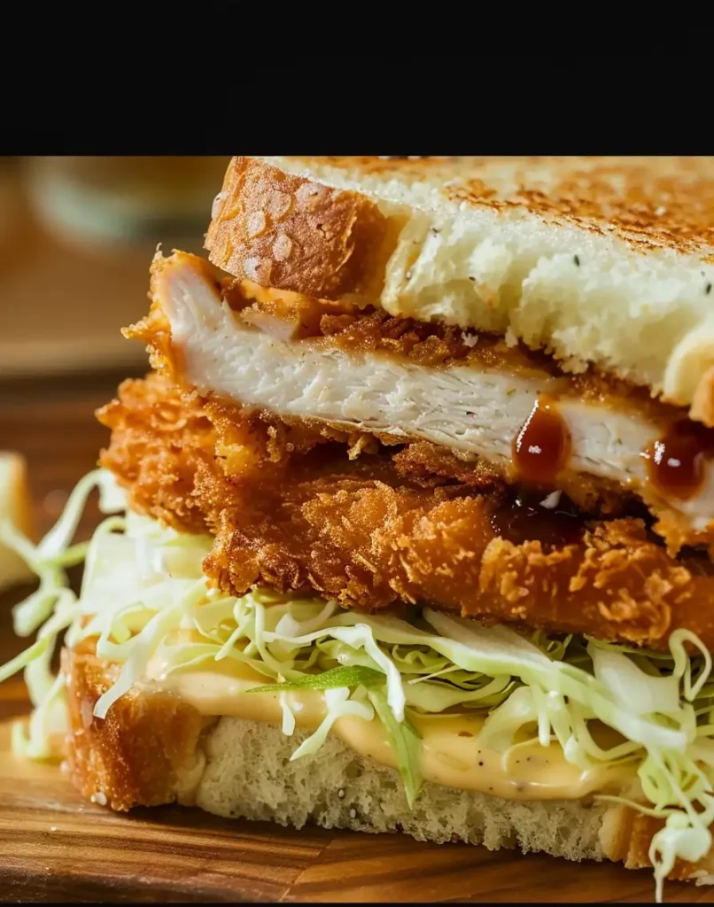 Close-up of a crispy chicken katsu sando layered with golden fried chicken, shredded cabbage, creamy sauce, and toasted bread