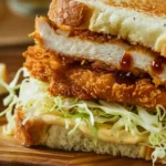Close-up of a crispy chicken katsu sando layered with golden fried chicken, shredded cabbage, creamy sauce, and toasted bread