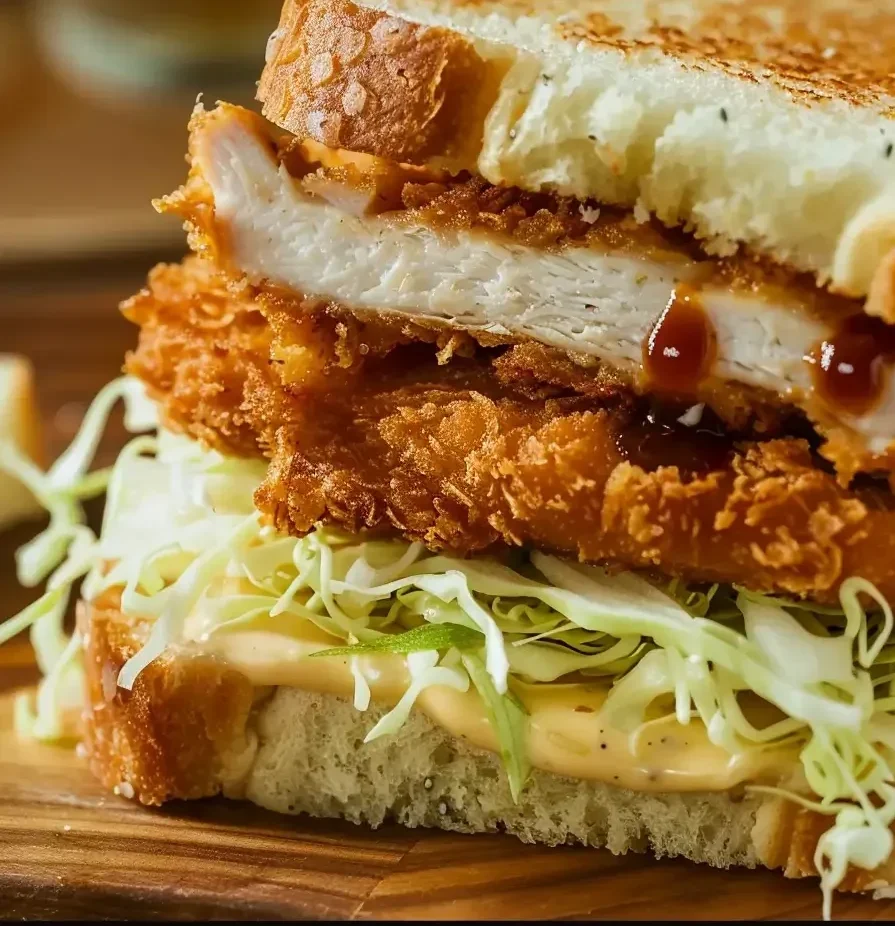 Close-up of a crispy chicken katsu sando layered with golden fried chicken, shredded cabbage, creamy sauce, and toasted bread