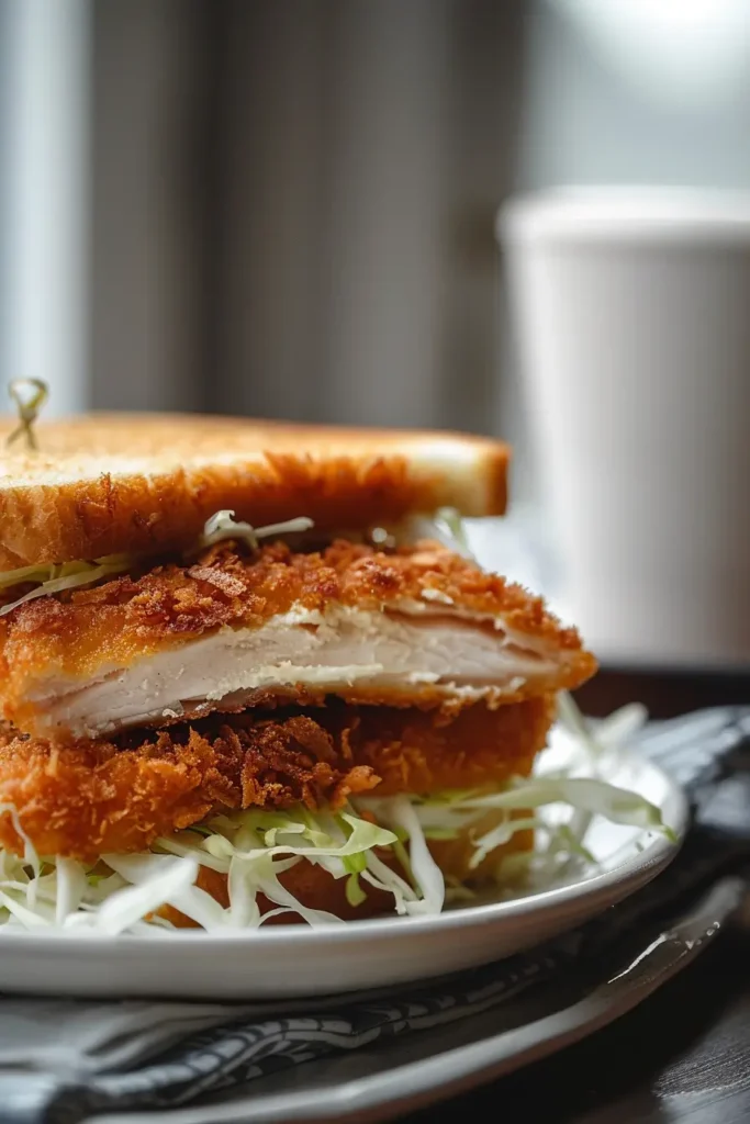 Close-up of a crispy chicken katsu sando layered with golden fried chicken, shredded cabbage, creamy sauce, and toasted bread, served on a white plate in warm natural light for a cozy café-style Japanese meal.