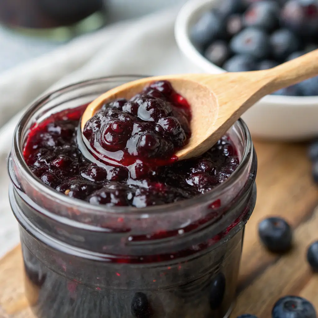 About me 4 Spoonful of chunky blueberry jam with whole berries in a glass jar