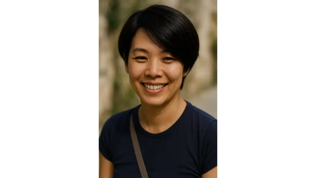 Saiko smiling in a close-up portrait with a soft stone wall background