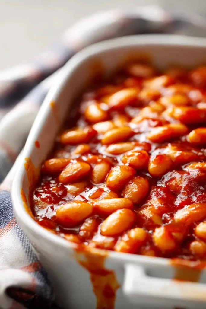 Homemade baked beans baked in a white enamel casserole dish with a glossy sweet and savory tomato glaze.