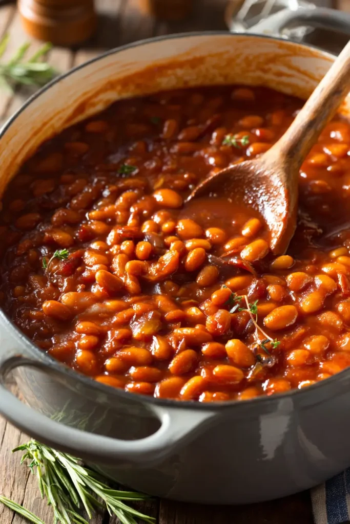 Close-up of a pot filled with thick homemade baked beans simmering in a rich tomato sauce, stirred with a wooden spoon.