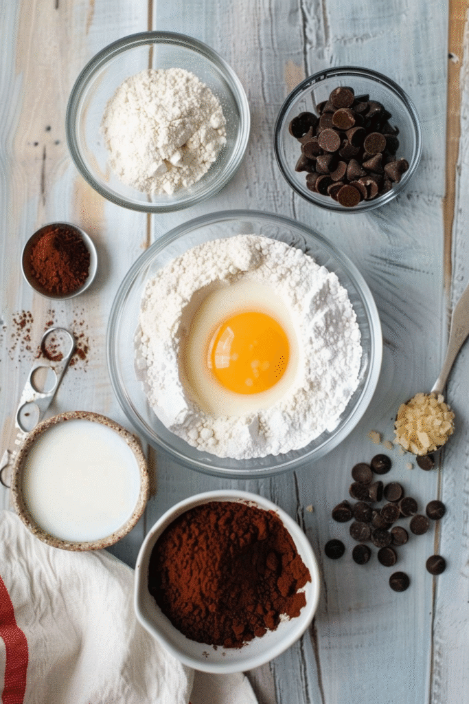 Low-Calorie Brownie Recipes: Guilt-Free Chocolate Desserts 2 Overhead flat lay of ingredients for low-calorie brownie recipes on a rustic wooden table — flour, cocoa powder, stevia, baking powder, egg, Greek yogurt, almond milk, vanilla extract, and dark chocolate chips — arranged beautifully in small ceramic bowls under soft daylight.