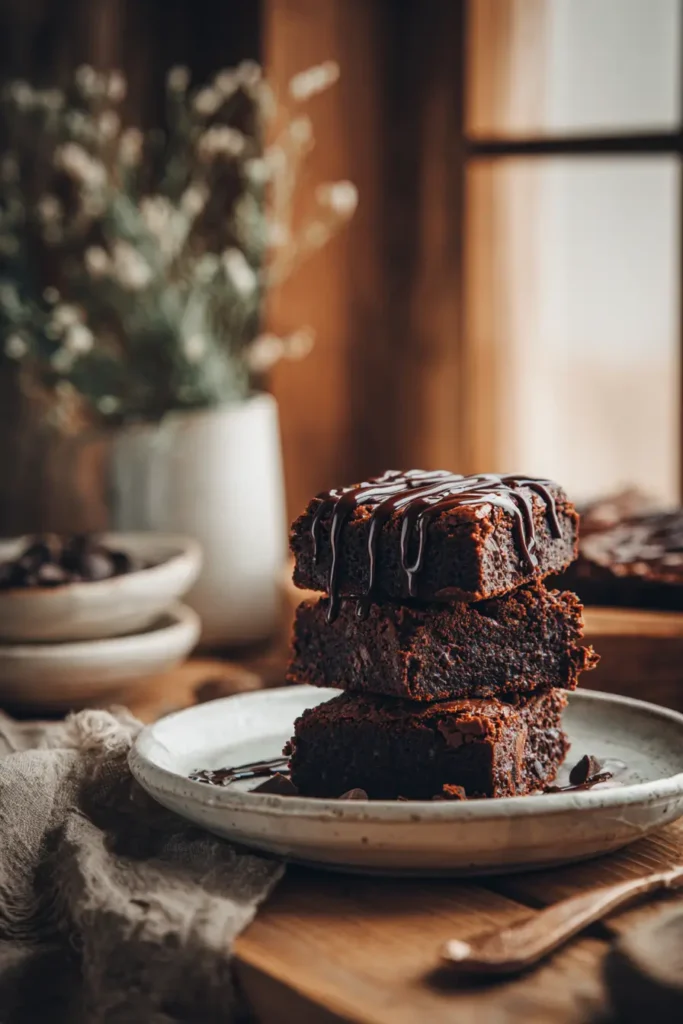 Low-Calorie Brownie Recipes: Guilt-Free Chocolate Desserts 4 Stack of low-calorie brownies drizzled with rich chocolate sauce on a rustic wooden table beside soft window light. Perfectly fudgy and indulgent yet guilt-free.