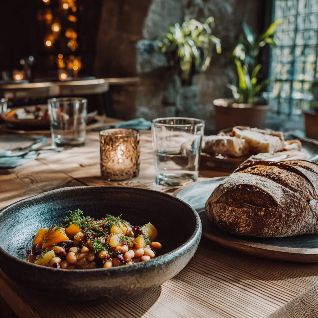 Homemade Baked Beans 5 A cozy restaurant table in Porto with a bowl of colorful slow-cooked beans, fresh herbs, and crusty bread, bathed in soft afternoon light.