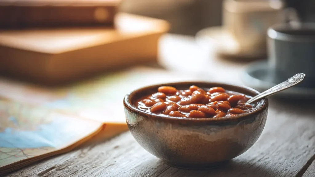 Rustic ceramic bowl filled with sweet and smoky baked beans without pork, set beside a cup of coffee and travel books in warm light.